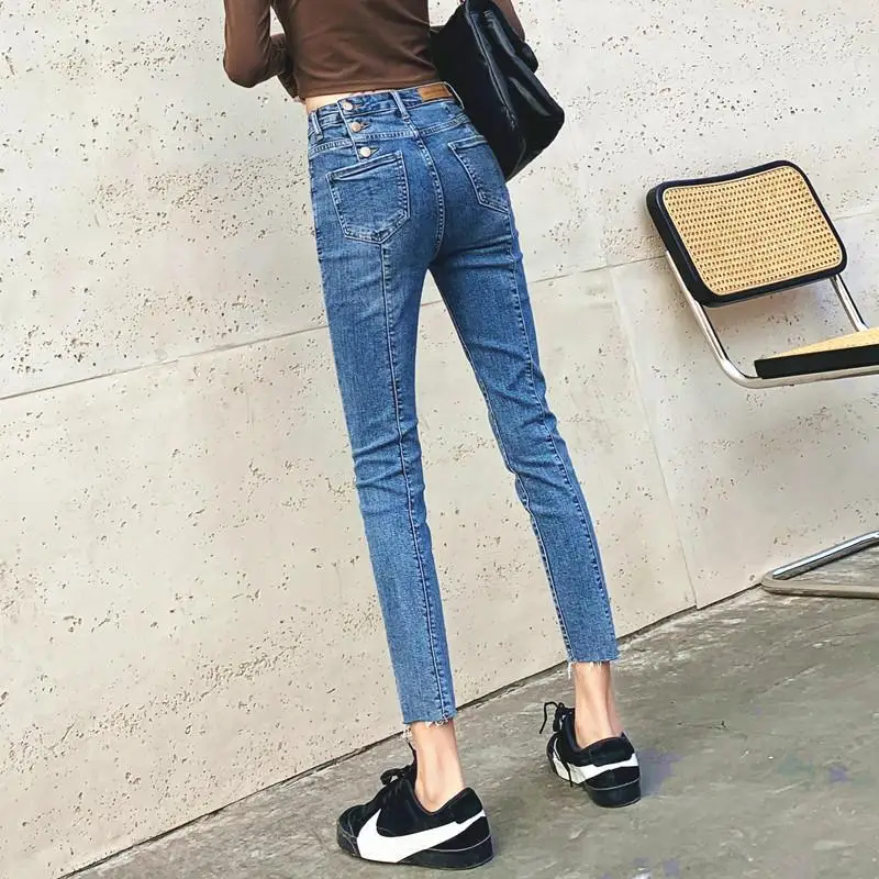 

Buttons Deco New High Elastic Leggings Jeans for Women Stretch Denim Skinny Pencil Pants Female Pants Trousers with Pocket A492