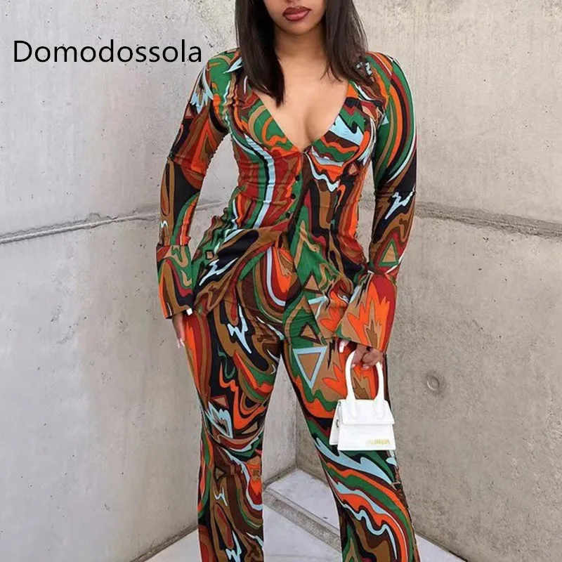 Women Clothing Y2K Clothes Colorful Printed Long-Sleeved Ladies Shirt Top And Pants Deep V Suit Sexy Printed Shirt Two-Piece Set