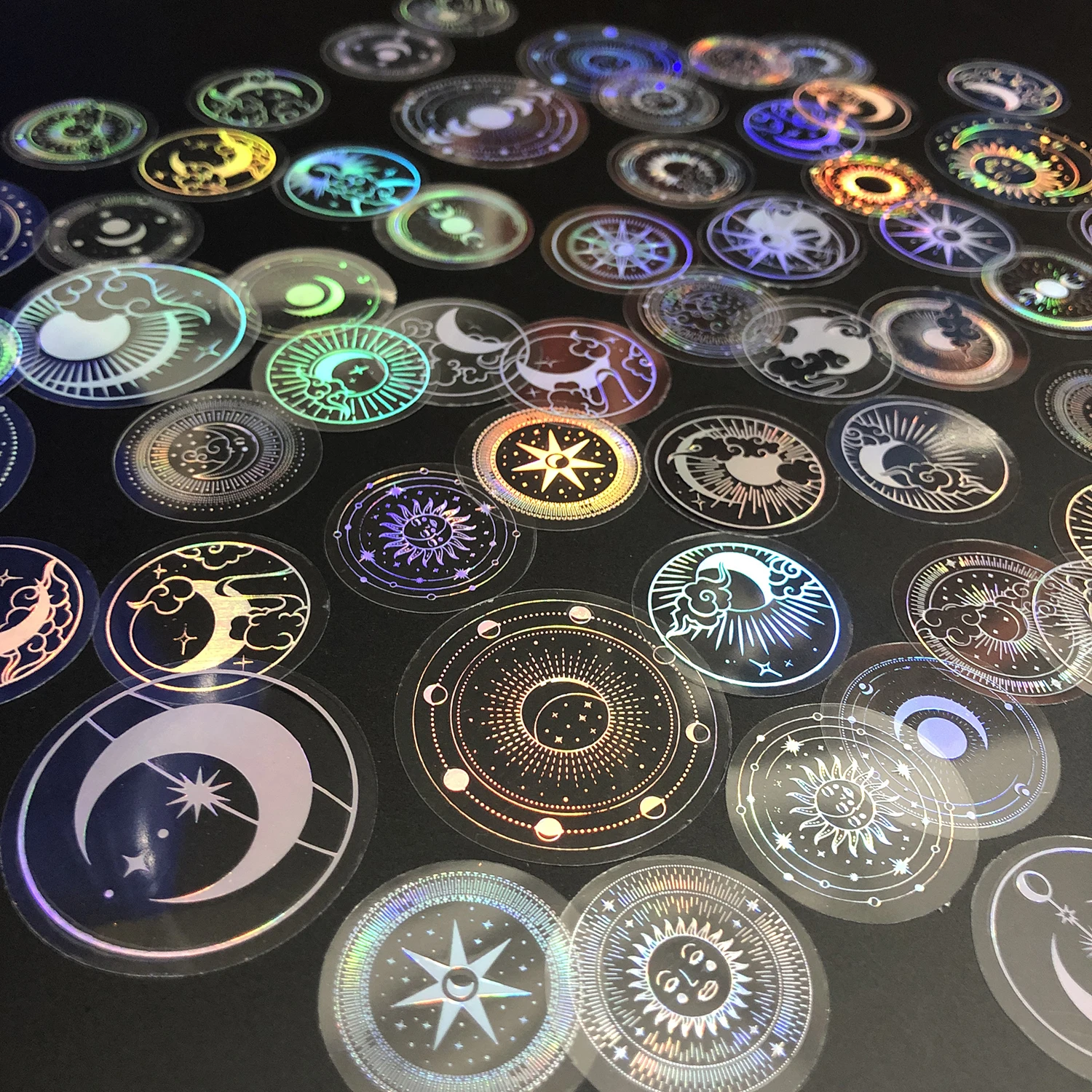 PET Adhesive Stickers Waterproof Transparent Laser Silver Stickers Label SUN MOON Stars etc 70 pcs