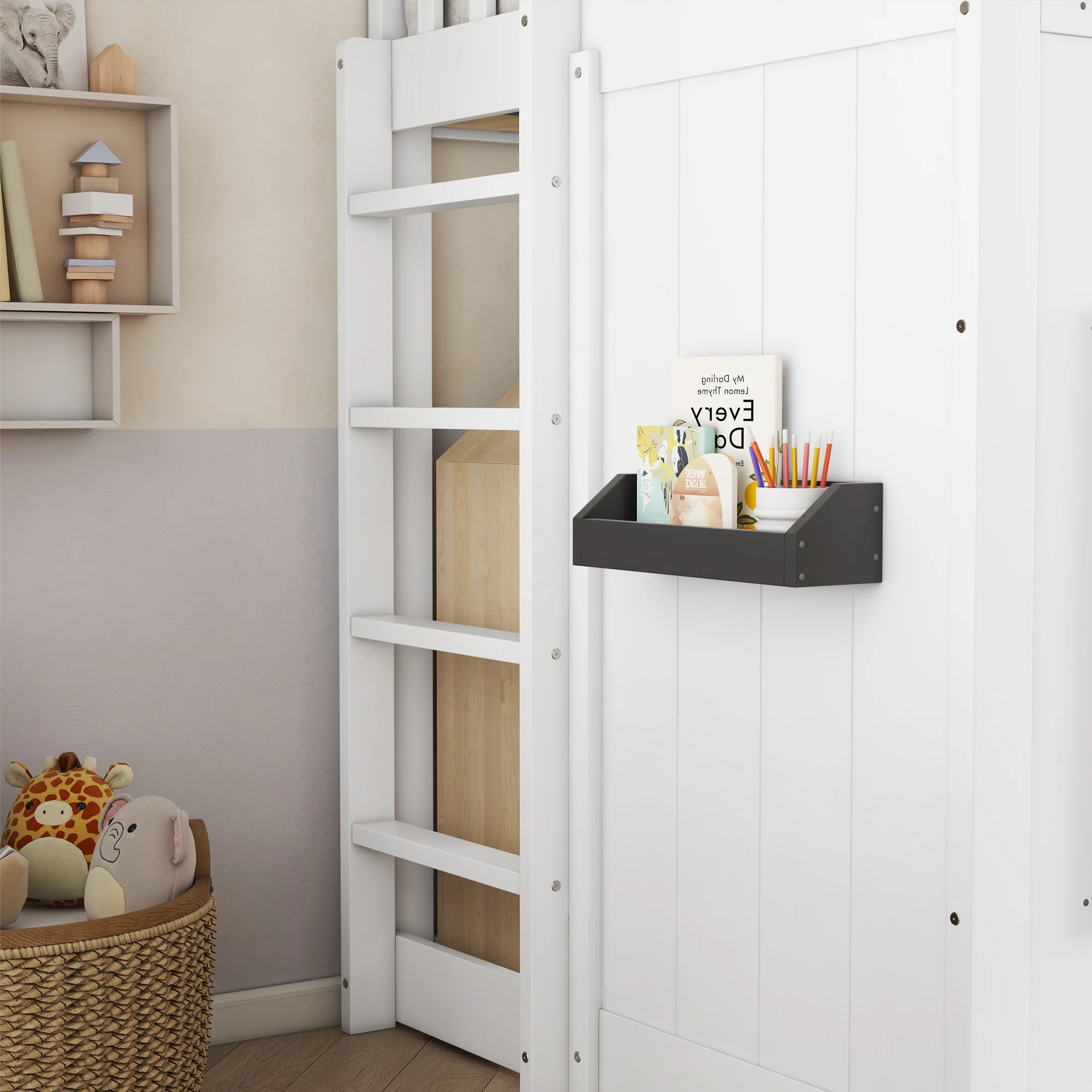 PINGGO Kinderhausbett Etagenbett mit Treppe Fallschirmschutzfenster Kiefer MDF Weiß 90x200cm Ohne Matratze – Detail 3