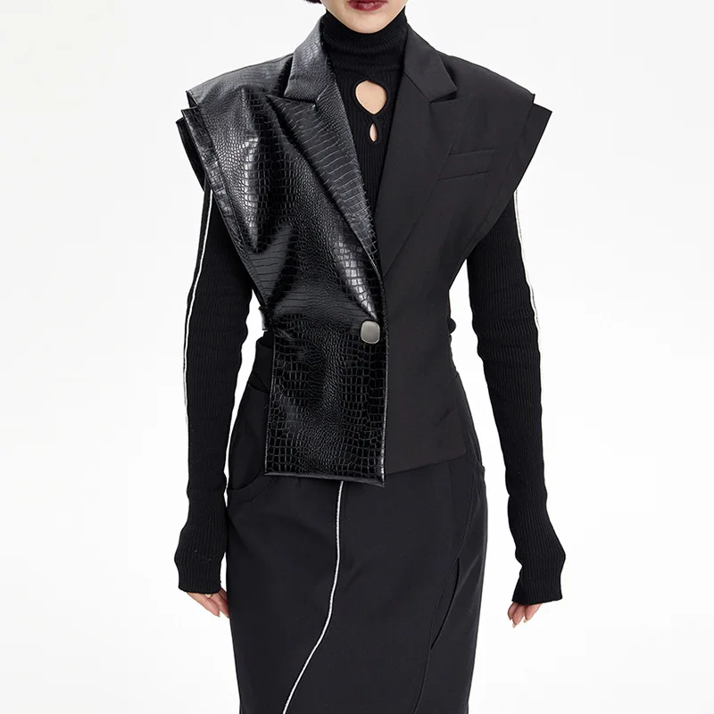 

Women Faux Leather Patchwork Single Breasted Slim Vest Black Spring Autumn Slim Streetwear Belted Jacket Vest