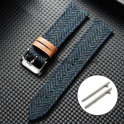 Vintage Leather Tweed Nylon Watchband Strap - Unisex Replacement Wristband with Tweed Fabric Accent - Black Buckle (Blue)