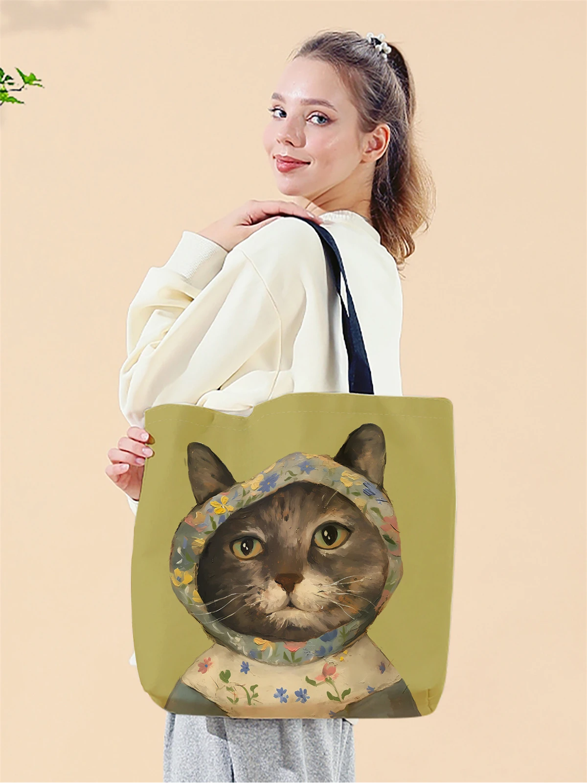 1pc,vintage oil painting cat handbag, reusable fashionable handbag, multifunctional handbag, printed canvas shopping bag
