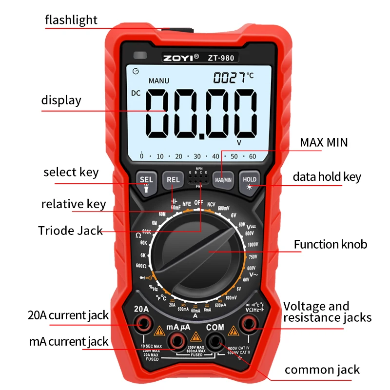 ZOYI ZT-980 Professional Digital Multimeter AC/DC Votage Tester
