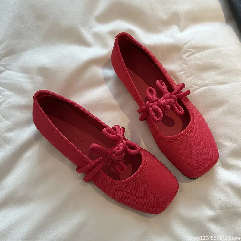 Ethnic Style Women Red Satin Mary Jane Shoes Fashion Shallow Square Toe Shoes Spring Autumn Soft Sole Ballet Shoes 4