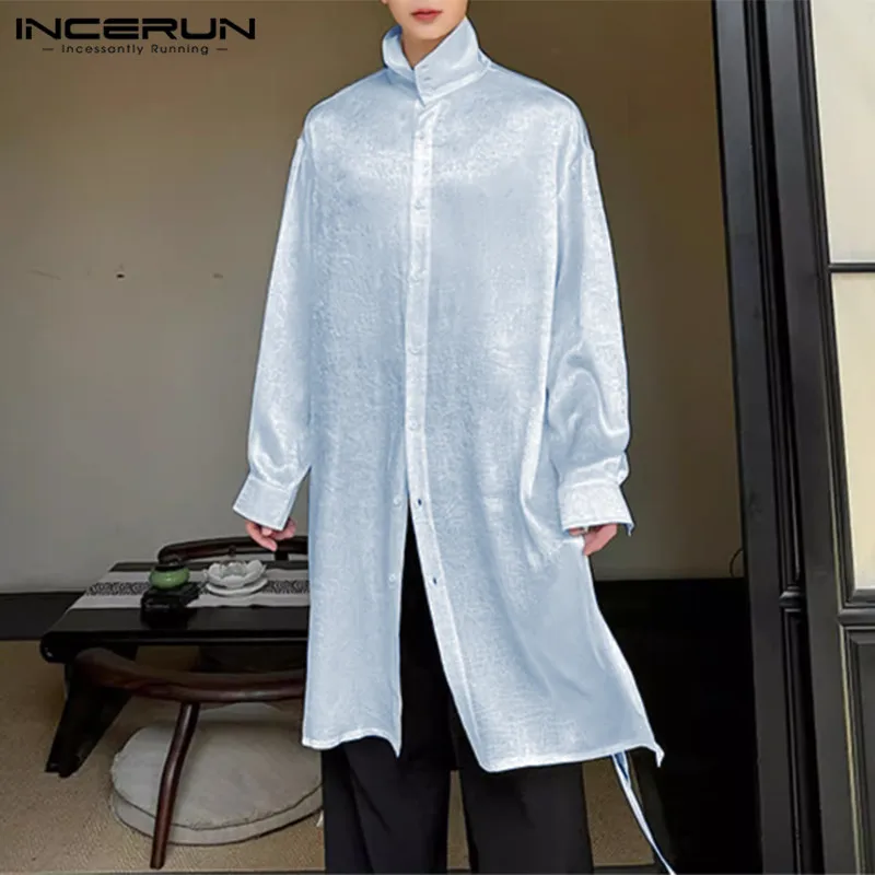 

INCERUN Tops 2024 Korean Style New Men's Satin Texture High Neck Shirts Casual Streetwear Solid Medium Long Sleeved Blouse S-5XL