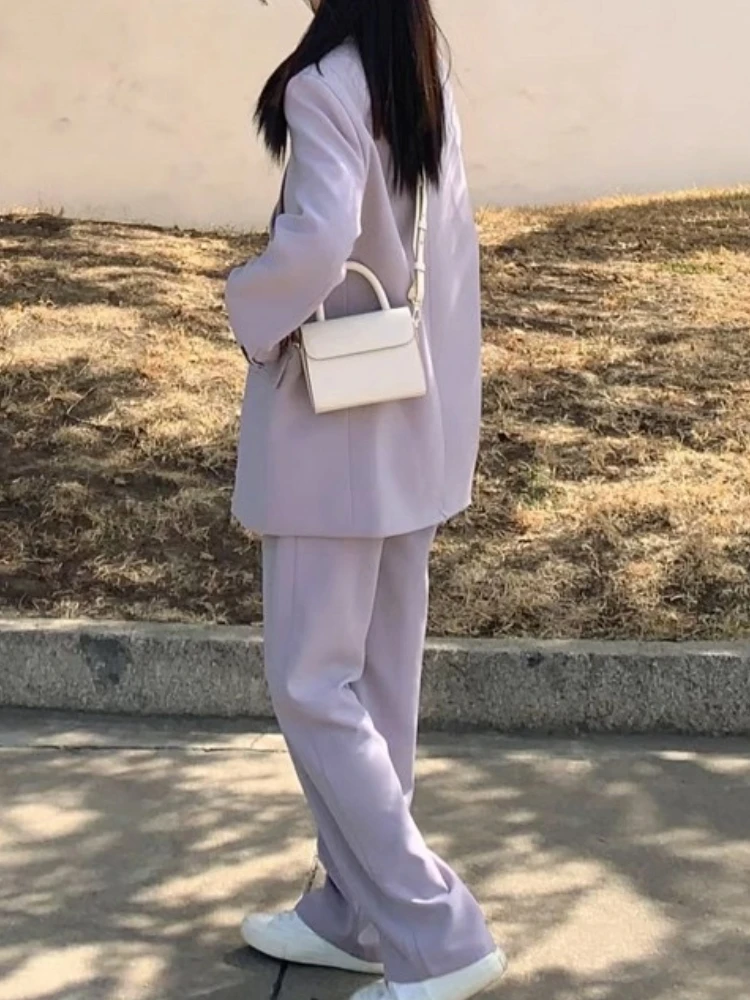 Fashion New Women Vintage Purple Blazer 2 Pieces Set Casual Elegant Solid Suit Jackets Wide-Leg Pants Outfits Female Pantsuits
