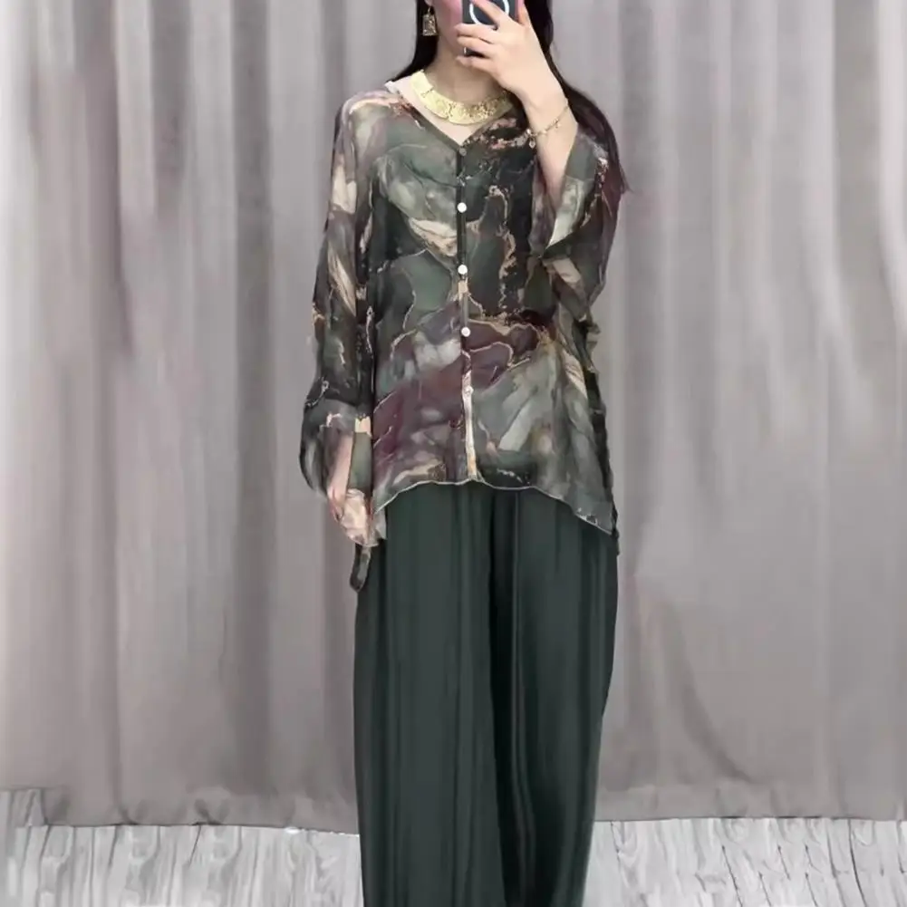 Lightweight Wide-leg Trousers Set Marble Print V Neck Blouse Wide Leg Trousers Set Stylish Women's Homewear for Casual Commute 2
