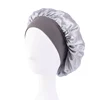 Women's Satin Solid Bonnets Wide-brimmed Night Sleeping Bathing Hat Unisex Head Wrap Elastic Band Cap Hair Care Bonnet - sliver