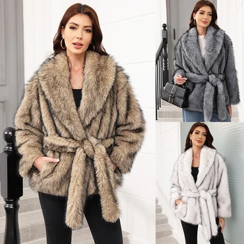 Women's Fur Coat Faux Fur Coat For Women Jacket Middle Length With Waistband Fluffy Winter Fur Coat Eco-Friendly Female Thick 1