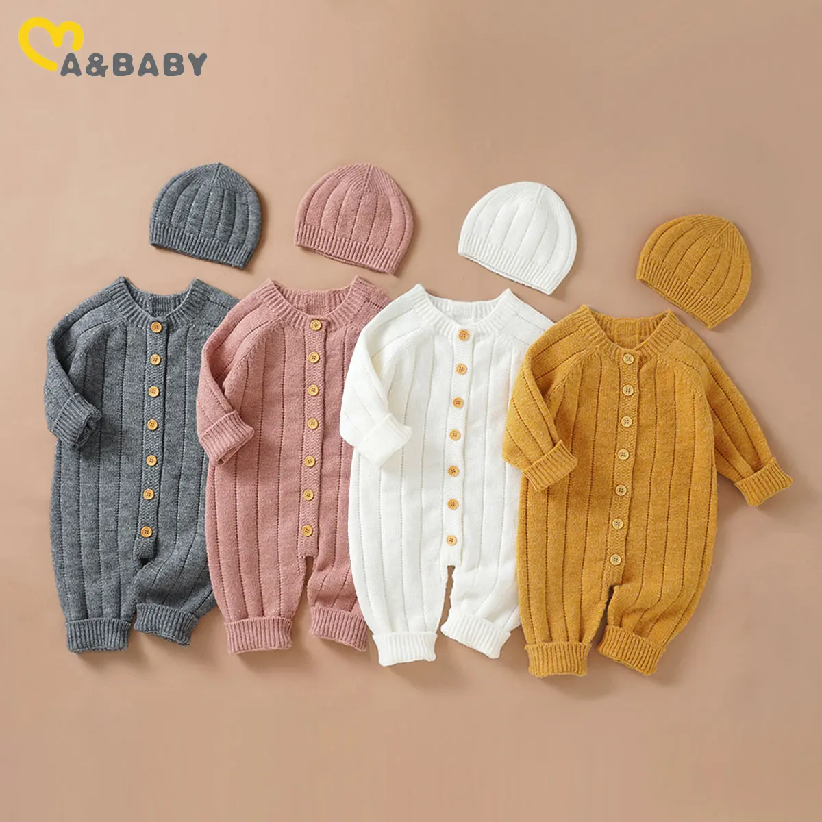 Ma & Baby-따뜻한 의류 니트 롬퍼, , , 남아, 여아 긴 소매 점프수트 + 모자, 가을, 봄 의상, 0-18M