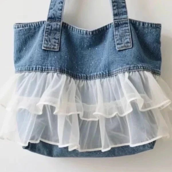 JIAERDI Large Capacity Sweet Denim Lace Shoulder Bags Women Fairy Core Tote Bag Handbag Female Fashionable Y2k Bag Aesthetic