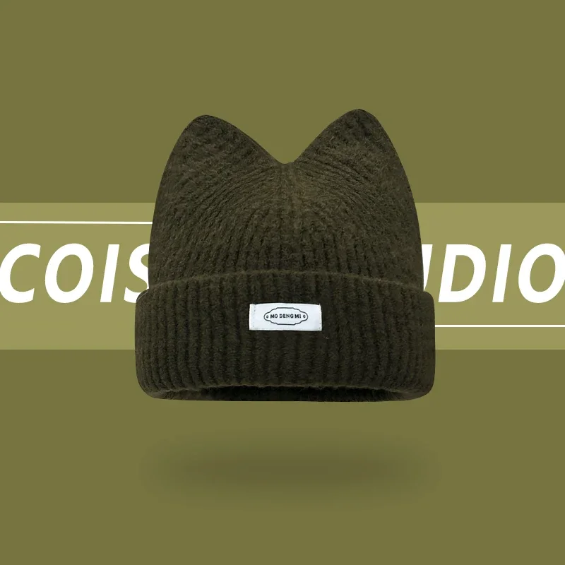 Korean Version New Cute Cat Ear Letter Patch Knitted Hat Women's Autumn and Winter Thickened Warm Versatile Simple Beanie Cap 4