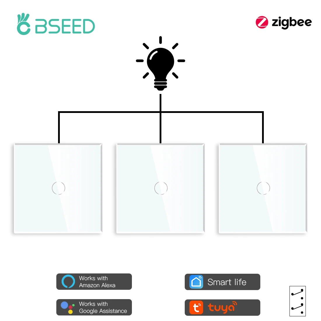 Настенный умный выключатель BSEED Zigbee 1 клавиша 3 канала для лестницы работает с