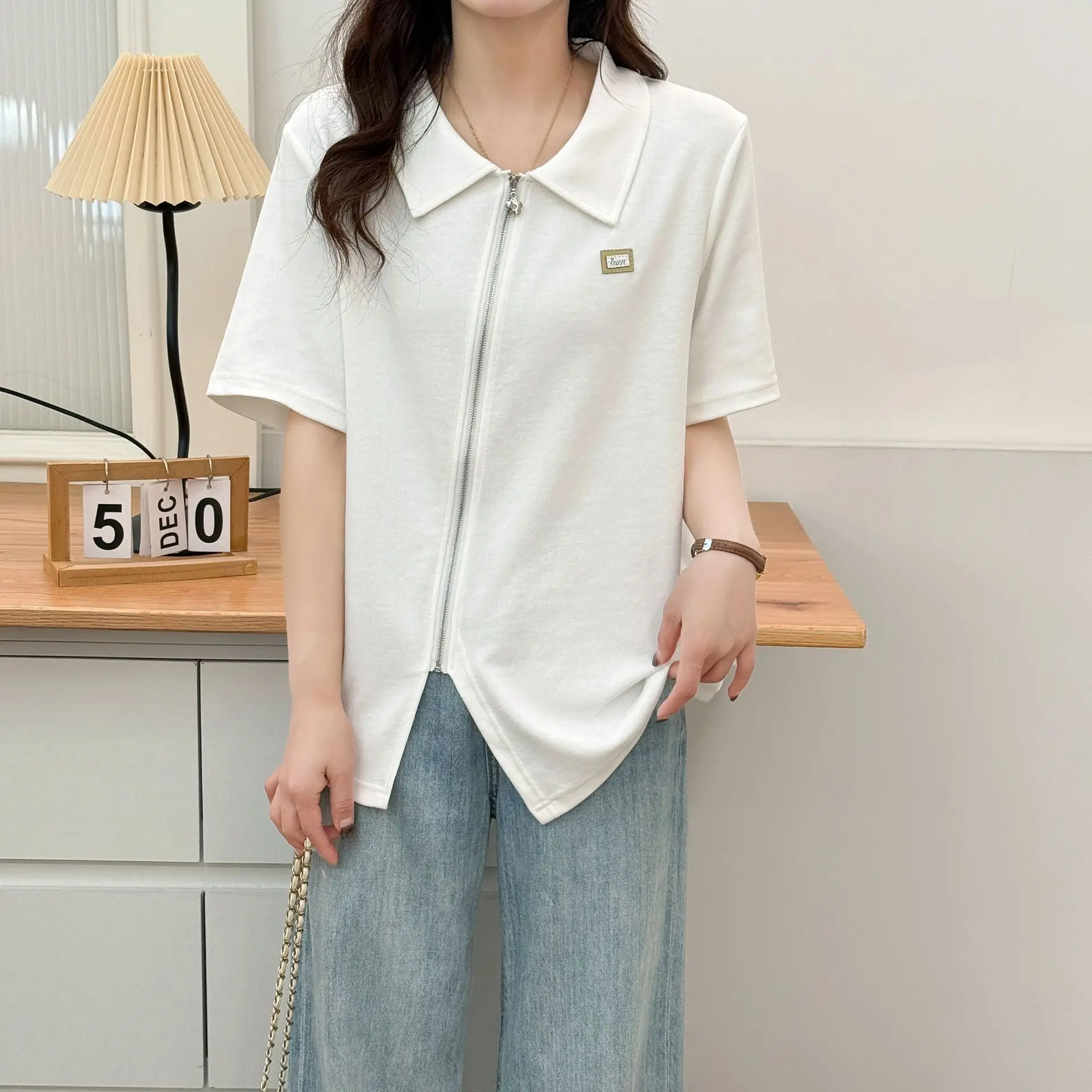 2025 Plus Size Women's Top Summer New 100kg Small Fresh Diagonal Zipper Label POLO Collar Short Sleeve T-Shirt 801