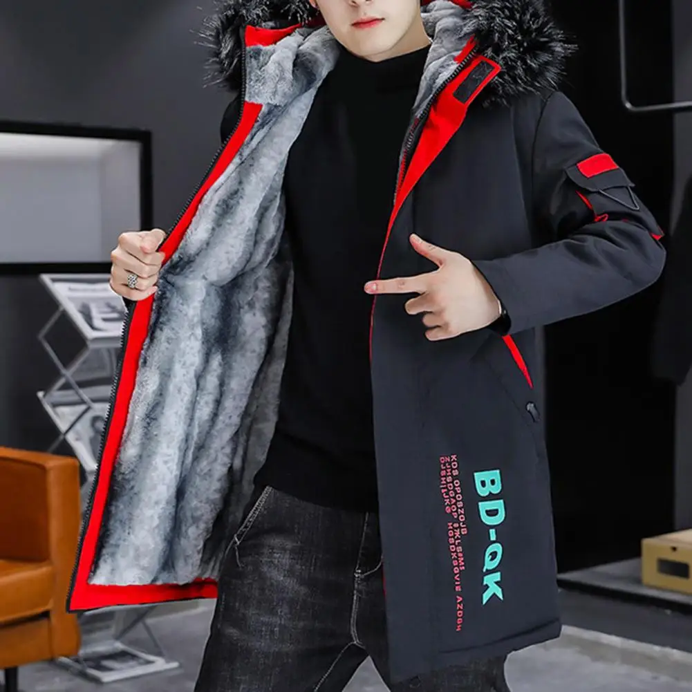 Mid-length Cotton-padded Outwear Men's Hooded Color Patchwork Jacket with Fleece Lining Warm Stylish Coat for Autumn Winter Men
