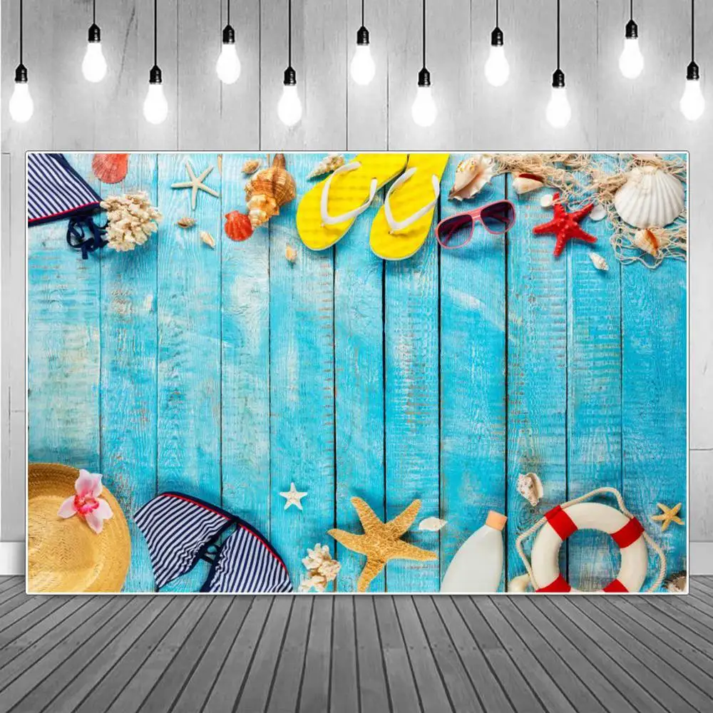Summer Blue Wooden Board Flat Lay Birthday Decoration Photo Booth Sfondo Custom Lifebuoy Costume Da Bagno Party Photography Background