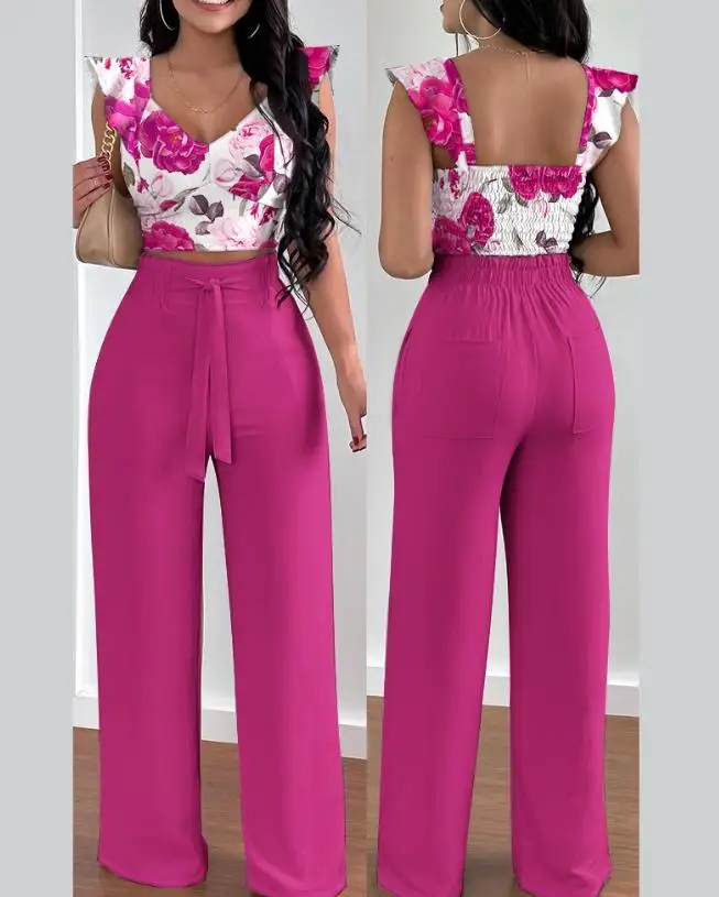 

Summer Outfits for Women 2023 Fashion Floral Print Ruffle Hem Shirred Crop Top & Casual High Waist Two Piece Set Long Pants Set
