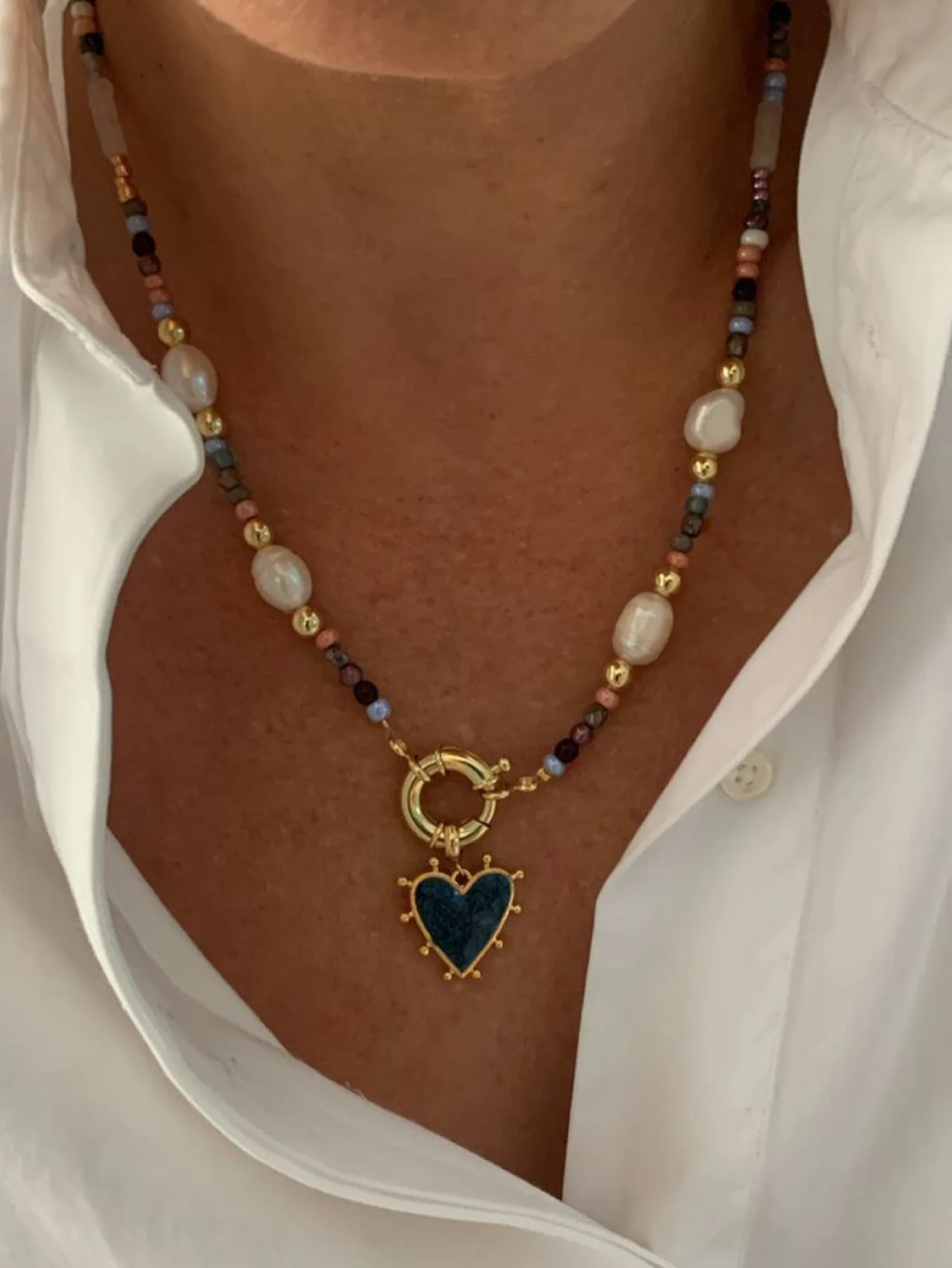 Womens Handmade Beaded Necklace with Heart Pendant & Golden Clasp
