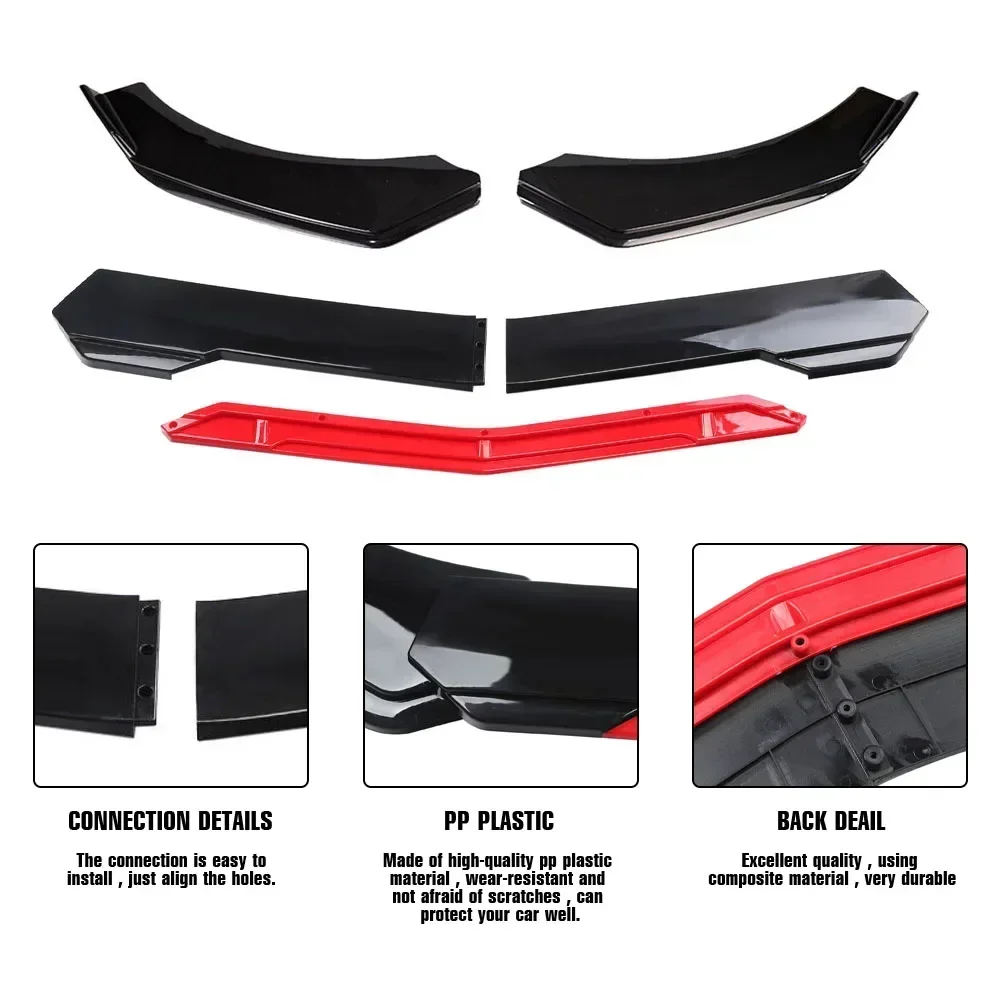 5PCS Car Front Bumper Lip Chin Body Kit Universal ABS Car Front Shovel Canard Spoiler Splitter Auto Parts Gloss Black Red