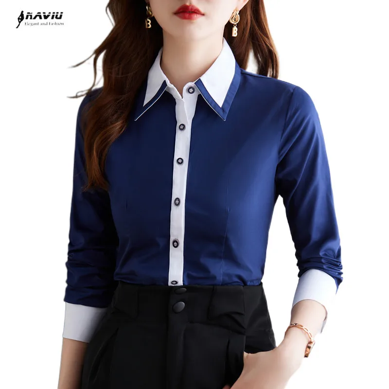 Formal Blue Cotton Shirt Women New Temperament Fashion Slim Long Sleeve ...