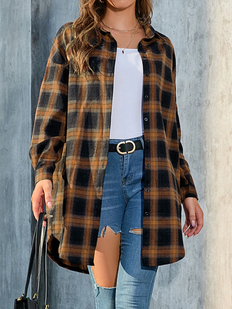 

Рубашка женская в клетку, Повседневная блуза оверсайз с длинным рукавом, с воротником с лацканами, однобортная Свободная блузка в американском ретро стиле, Осень-зима