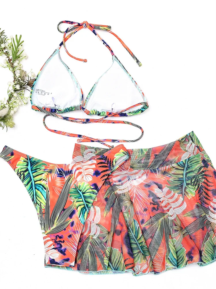 Women Swimwear Sexy Bikinis Three Piece Set Womens Leaves Print Swimsuits Female Bathing Suits Beach Wear Sets 2022 New Summer