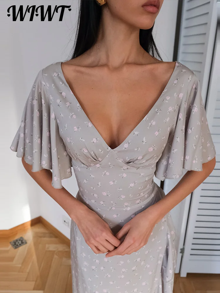 Floral Print 2026 Summer Lady Sexy V-neck Ruffles Short Flare Sleeve Split Midi Dresses Women's Slim High Waisted Party Vestidos 6