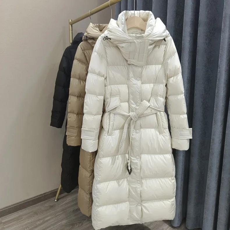 

Пуховик, женский пояс, ветрозащитный воротник, съемная шапка, длинное утолщенное зимнее пальто до колена 2023