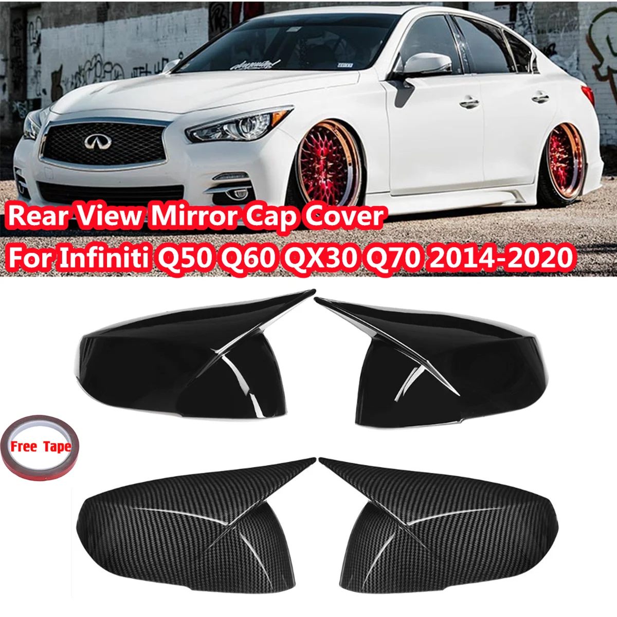 

Pair Gloss Black / Carbon Fiber Wing Mirror Covers Caps For Infiniti Q50 Q60 QX30 Q70 2014-2020 Rearview Mirror Case Cover