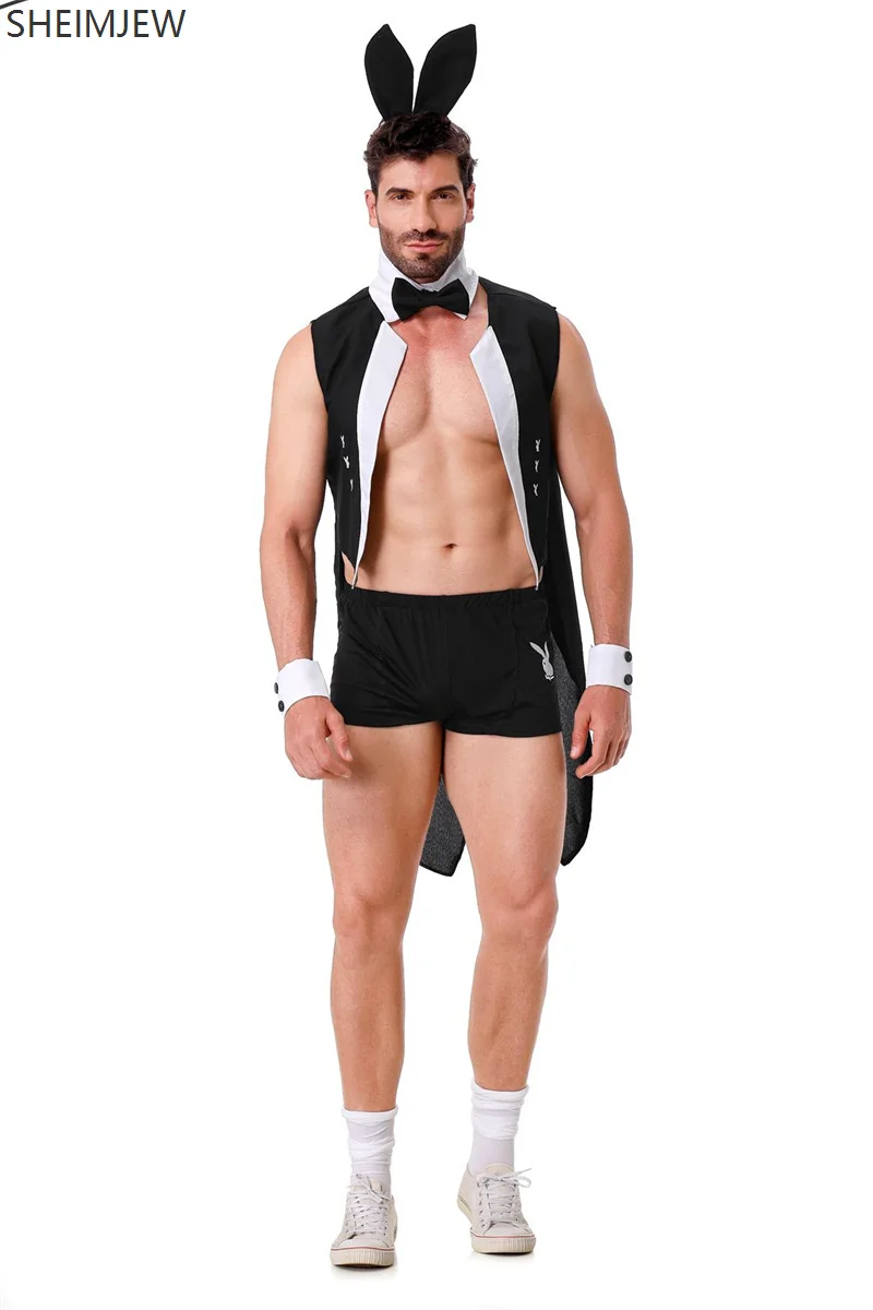 Men Adult Sexy Rabbit Servant Cosplay Tuxedo Halloween Party Nightclub Bar Attendant Uniform Carnival Stage Showing Dress Up New