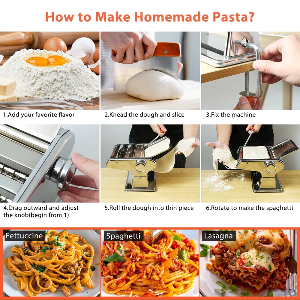  Pasta Maker - Pasta Roller - Noodle Maker Stainless Steel  Manual Dough Press - Pasta Maker Machine With 8 Adjustable Thickness For  Lasagna, Spaghetti, Ramen, Dumpling Skin, Polymer Clay : Home & Kitchen