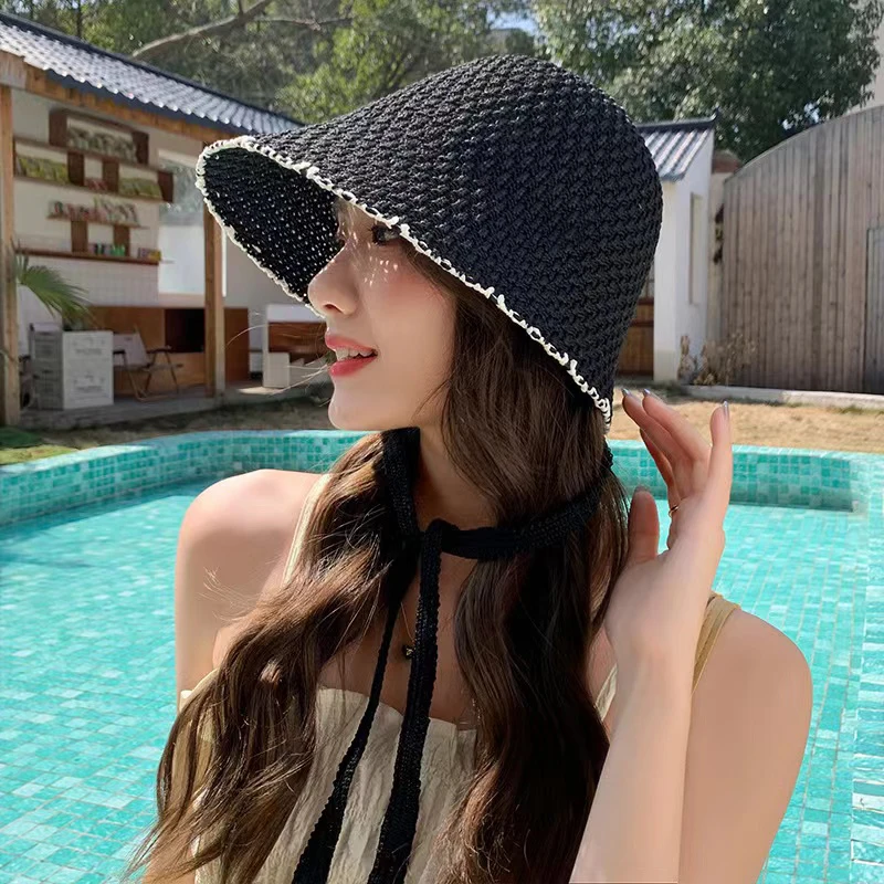 

Ladies Caps 2024 Summer Korean New Lace Up Bucket Hat Woven Straw Women Fisherman Sun Hat Versatile Beach Soft Wide Brim Hat