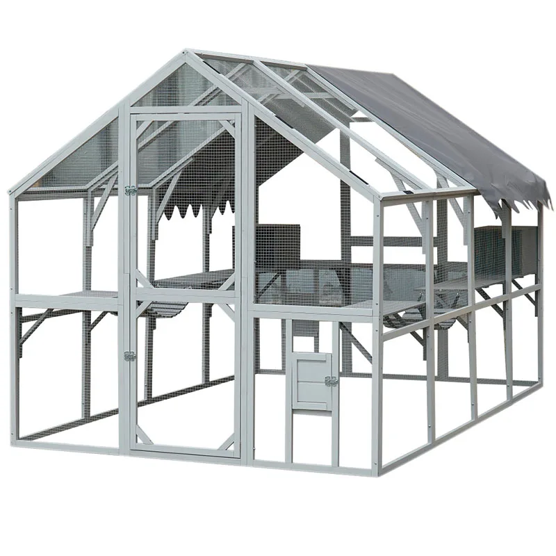 Outdoor Cat House Cat Enclosures 110" Large Kitten Playpen Platforms Upgrade Waterproof Cover Grew White