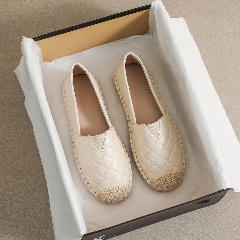 Mocasines planos de cuero a cuadros mujer, paja con redonda, planos, antideslizantes, talla 43| | - AliExpress