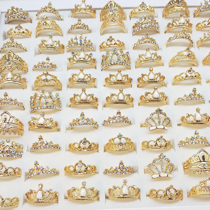 

20pcs Lots Styles Crown Ring Silver Gold Color Plated Zircon Diamond Inlaid Party Gift Night Market Stall Handmade Jewelry