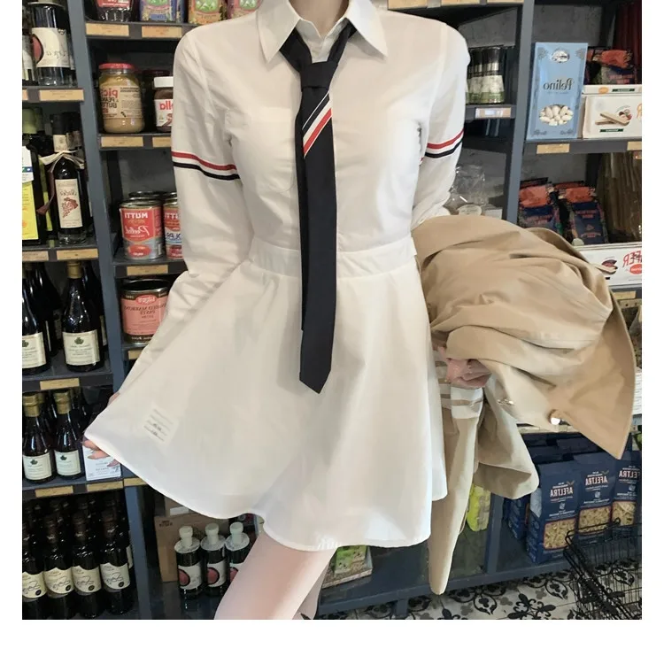 

High Quality Korean Matching Tie TB Academy Style Double Sleeve Ribbon White Shirt Dress Women's Spring A-line Short Skirt
