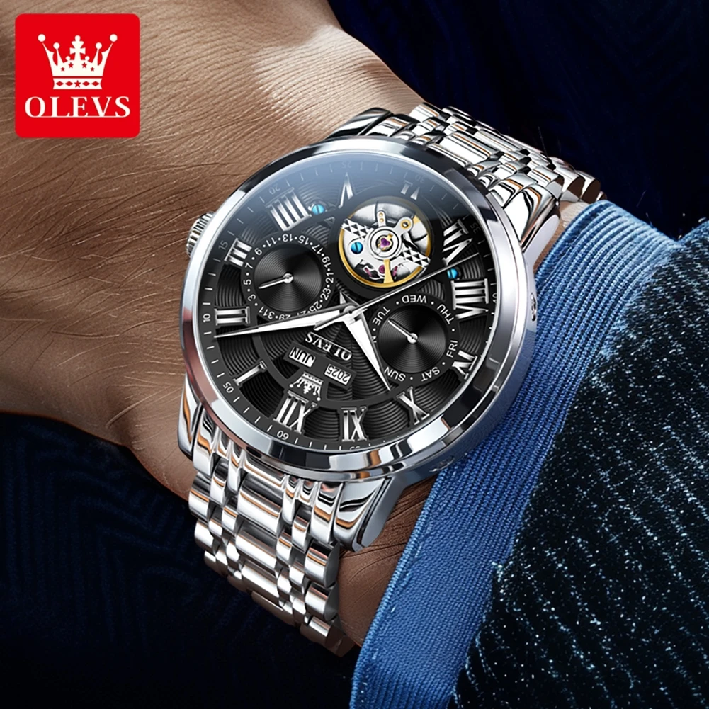 OLEVS 6668 Watch For Men Auto Date Luxury Hollow Skeleton Roman Scale Men's Wristwatch Original Waterproof Mechanical Man Watch