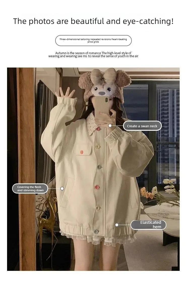 New College Style Dopamine Style Floral Lapel Jacket Women's Spring and Autumn New Design Loose Coat Top