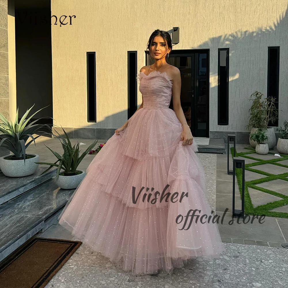 

Viisher Dusty Pink Evening Dresses for Women Sparkly Sequins Tulle A Line Prom Party Dress Arabian Dubai Formal Occasion Gowns