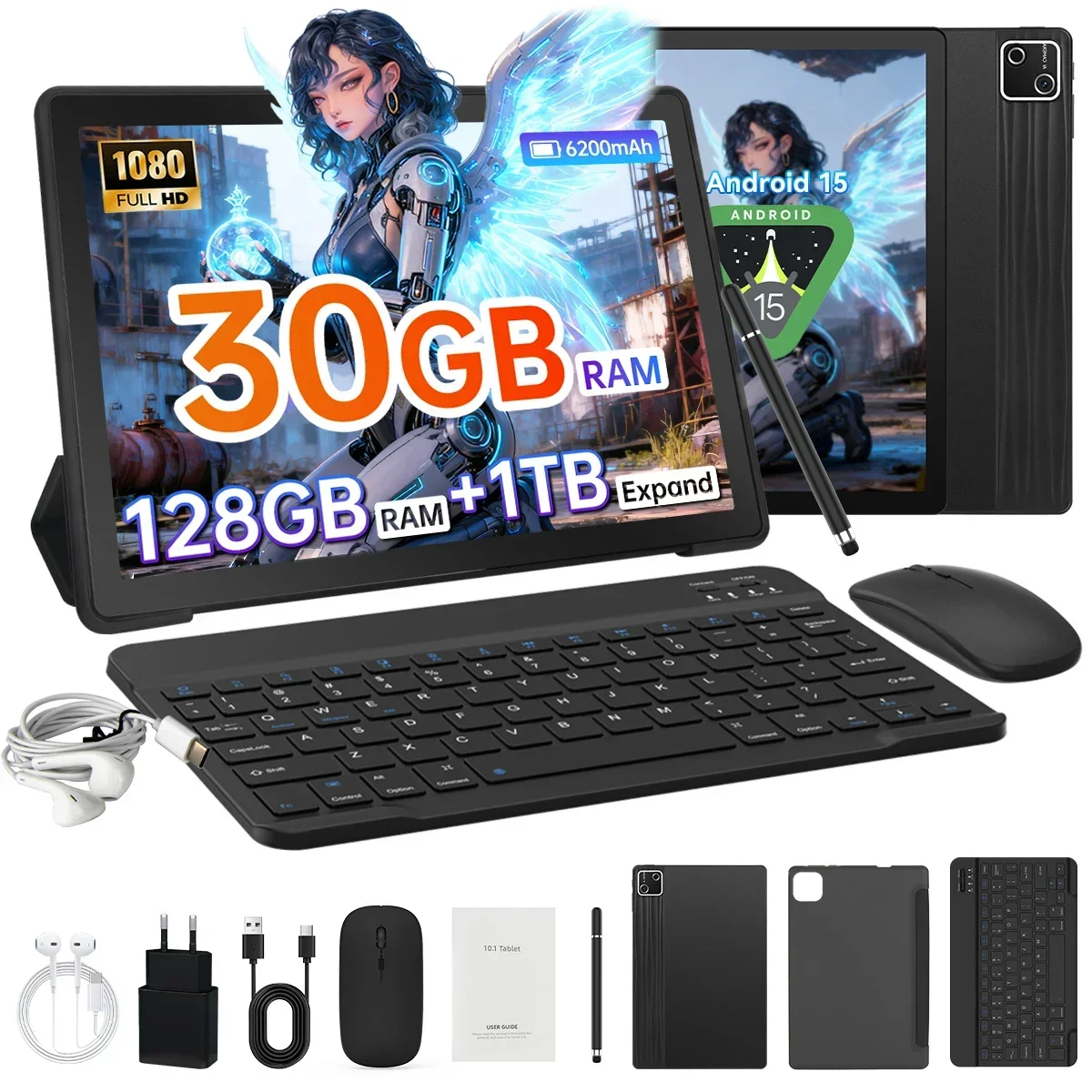 URAO 10 Inch Android 15 Tablet 30GB RAM 128GB ROM 1TB Expandable 6200mAh GMS Certified Widevine L1 Dual Camera WiFi 6 PC PAD Set 1