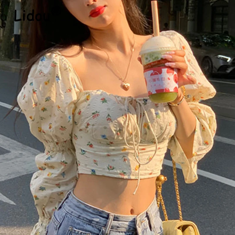 Spring Summer Korean Vintage Floral Printed Flare Sleeve Lacing Casual Shirt Women Square Collar Sweet Crop Top Elegant Blouse