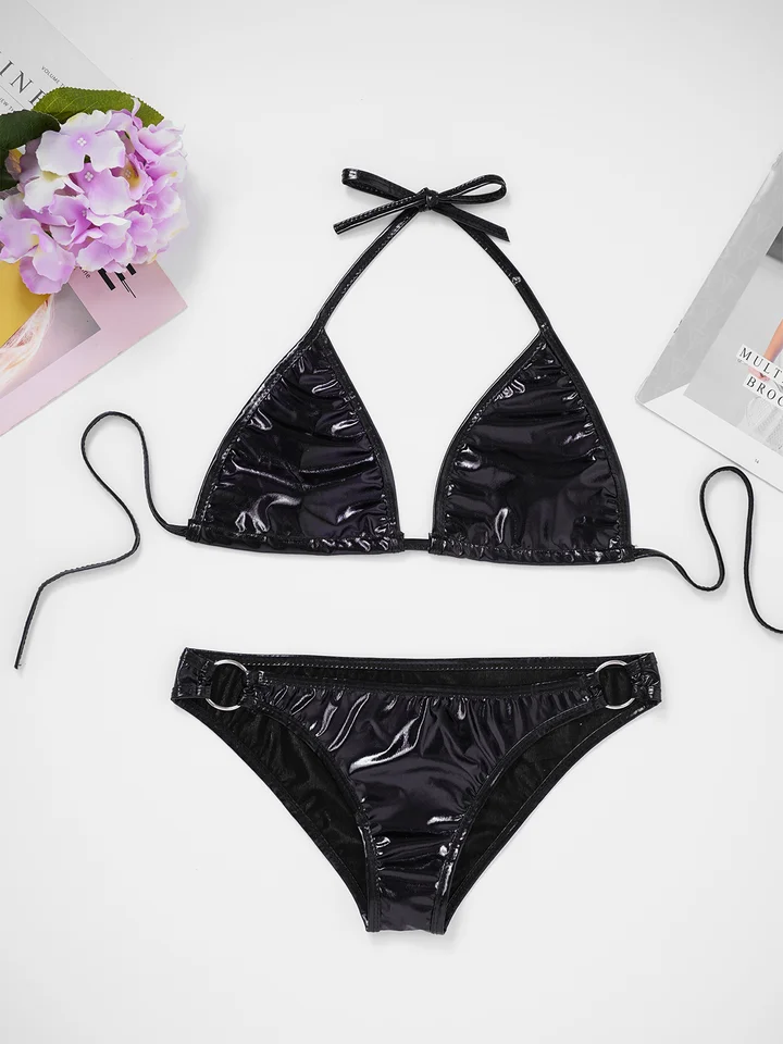 レディースマイクロビキニセットシャイニーメタリックブラトップ T