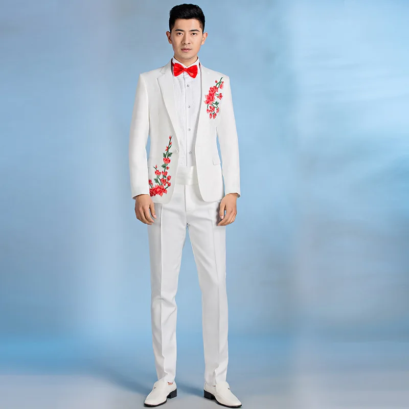 

2 Piece Set Suit Set Costume Singer Emcee Costume Men Dress Suits Formal Wedding Suit Ensemble Embroidery Slim Fit Suits Male