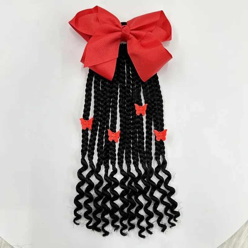Coda di cavallo intrecciata per bambini con perline e fiocco coda di cavallo per estensione dei capelli per bambini con estremità riccia per accessori per capelli da ragazza nera