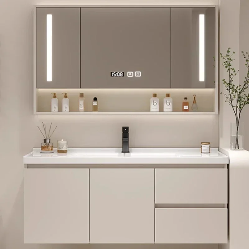 Cream Style Bathroom Cabinets Wall-mounted Large Capacity Storage Smart Mirror Cabinets Hotel Furniture