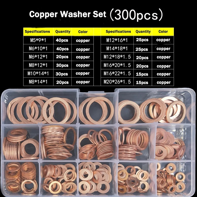 300pcs Copper Sealing Washer M5/M6/M8/M10/M12/M14/M16/M20 Solid Copper