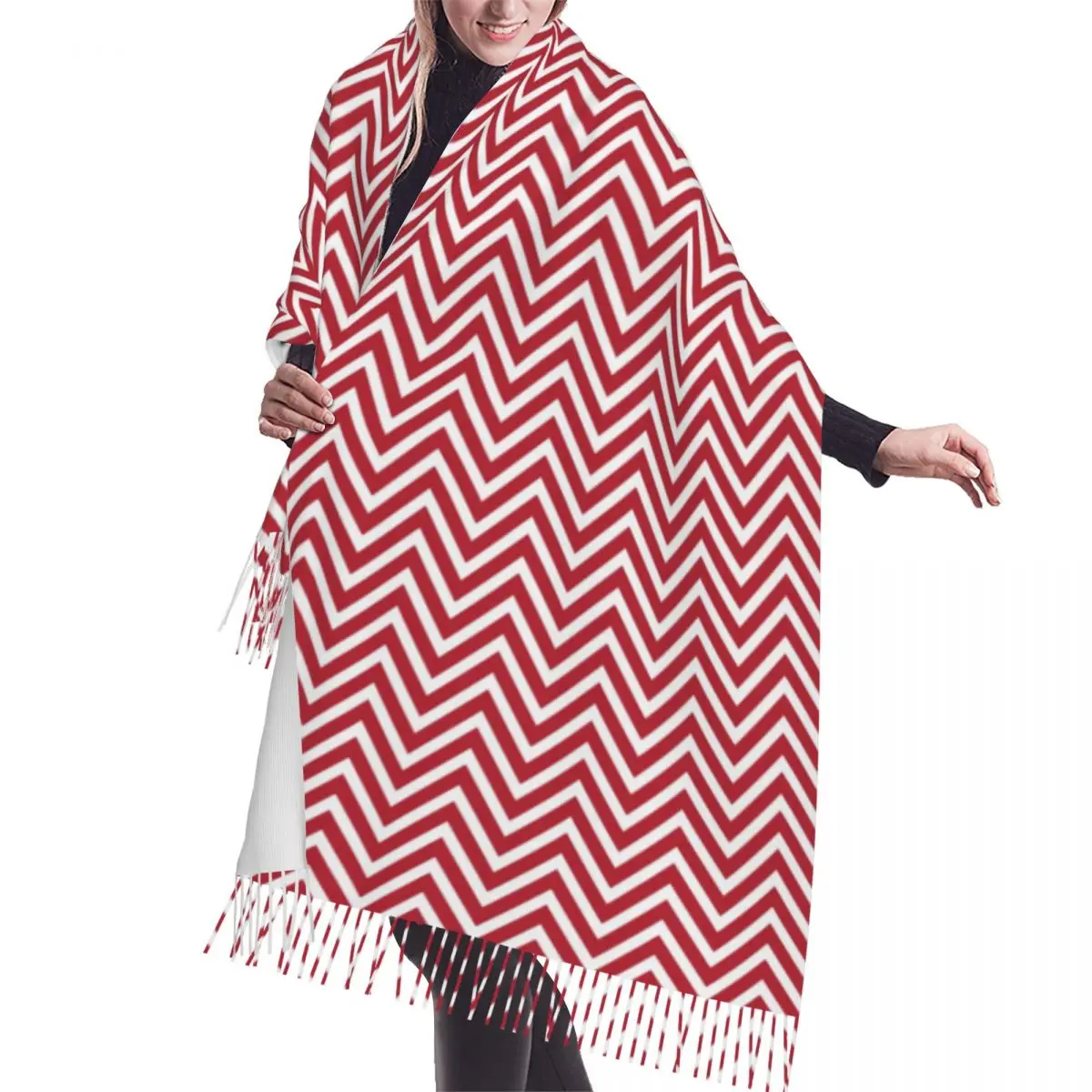 

Chevrons Zigzag Pattern Red Scarf Wrap Women Long Winter Fall Warm Tassel Shawl Unisex Bohemian Modern Geometric Scarves