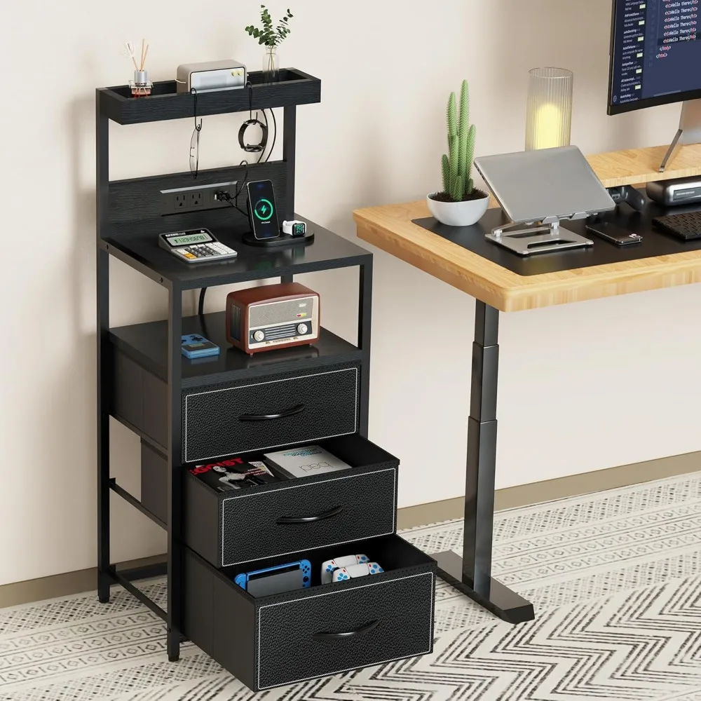 LED Nighstand with Charging Station, Dresser Nightstands with 3 Drawers and LED Lights, Nightstand with 3 Shelf and Hooks 3