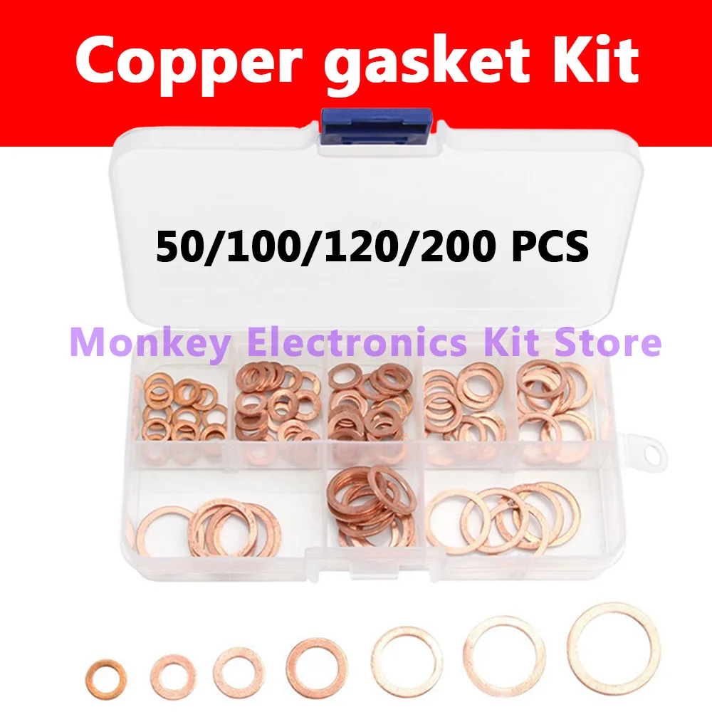 Copper Washer Set 50/100/120/200 Pcs Copper Washer Sealing Gasket Flat Ring Seal Assortment Kit M4 M5 M6 M8 M10 M12 M14 For Sump Plugs